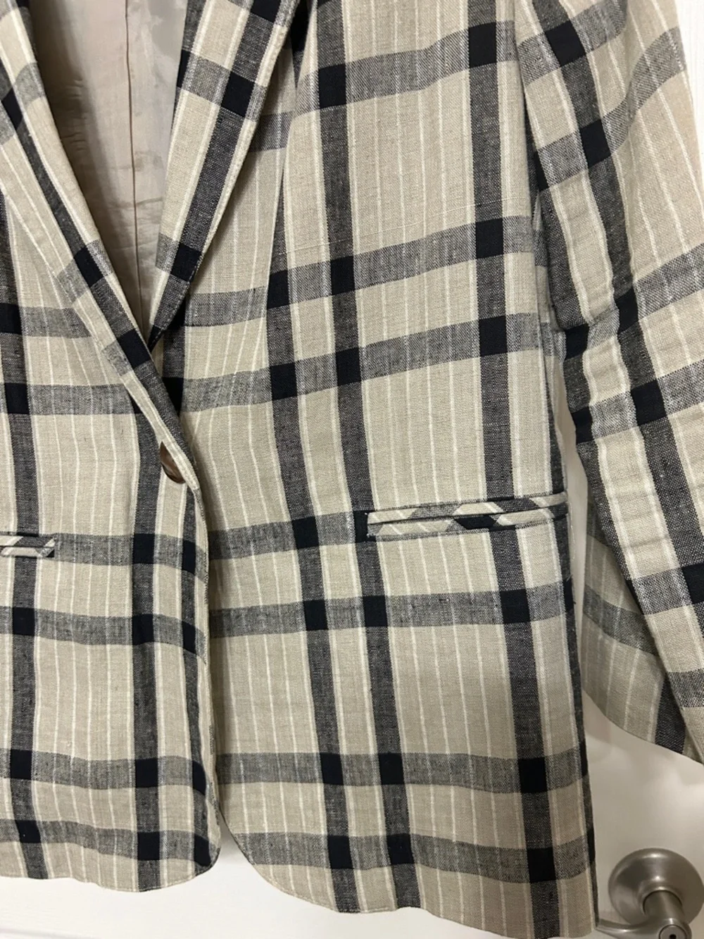 Laura Gayle Linen Black and Tan Plaid Single-Button Blazer Lightweight Summer - Picture 7 of 15